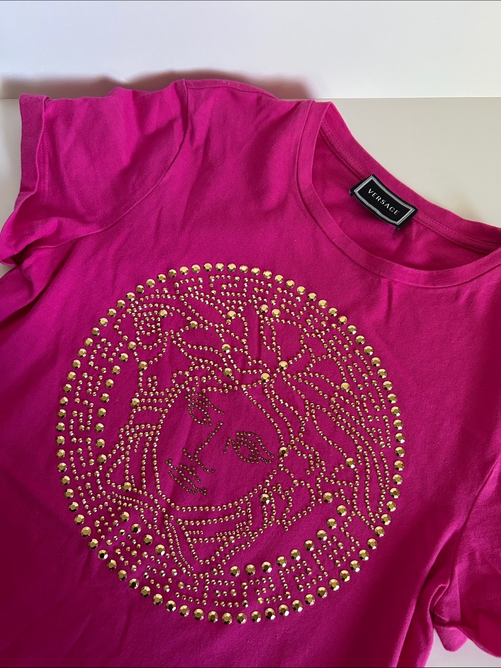 Versace Hot Pink Tee with Gold Medusa Stud Motif - Picture 2 of 3